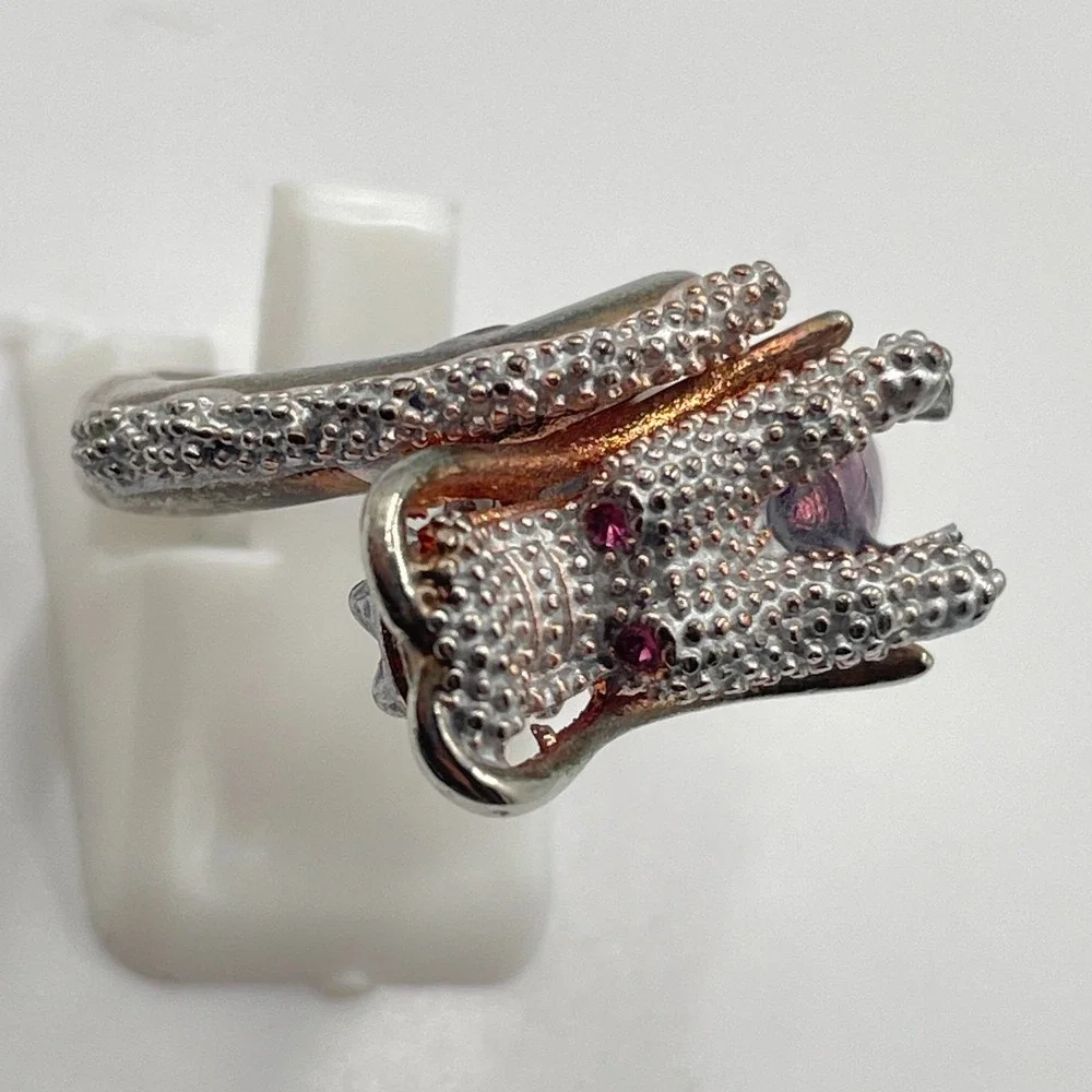 Vintage Silver Tone Textured Dragon Ring Purple Enamel Ruby Red Rhinestone Eyes